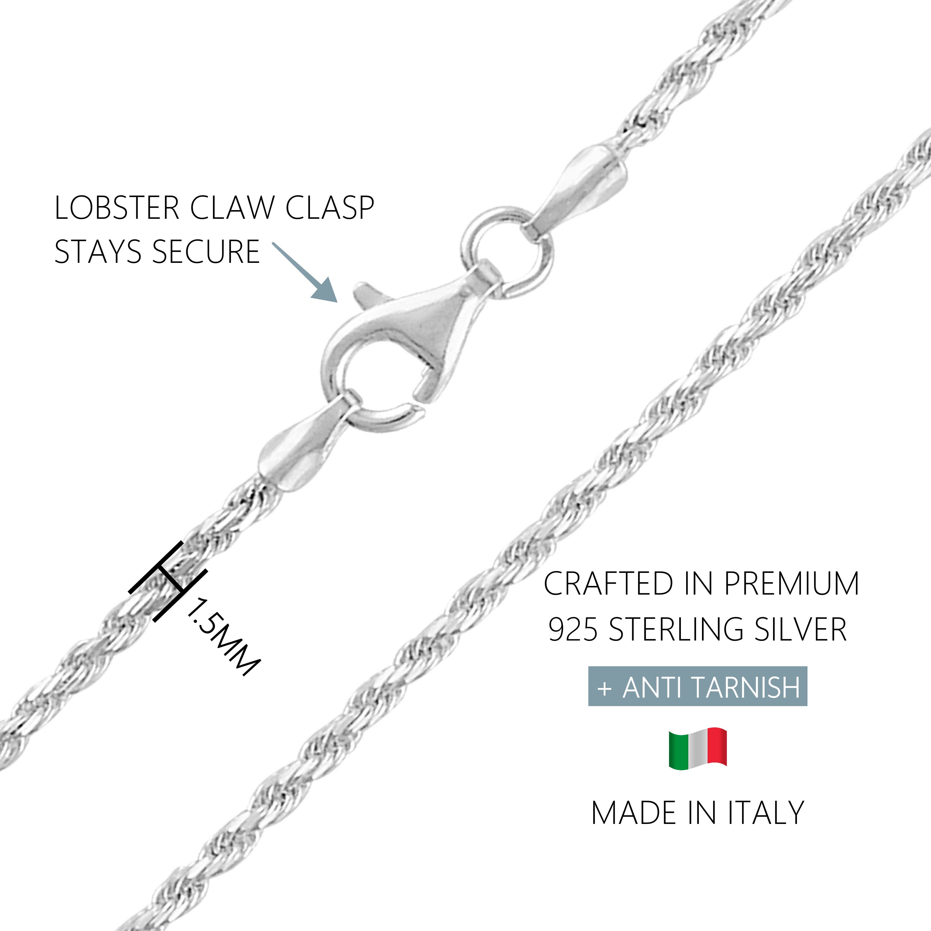 KISPER 925 Sterling Silver Italian 1.6mm Rope Chain Necklace w Lobste