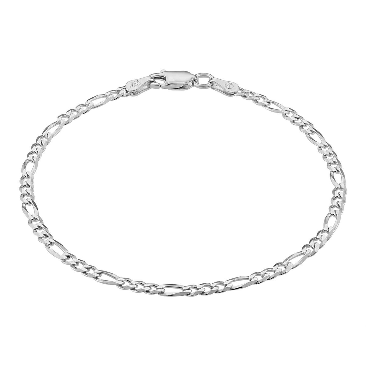 KISPER 925 Sterling Silver Italian 3mm Figaro Chain Bracelet w/ Lobster Clasp