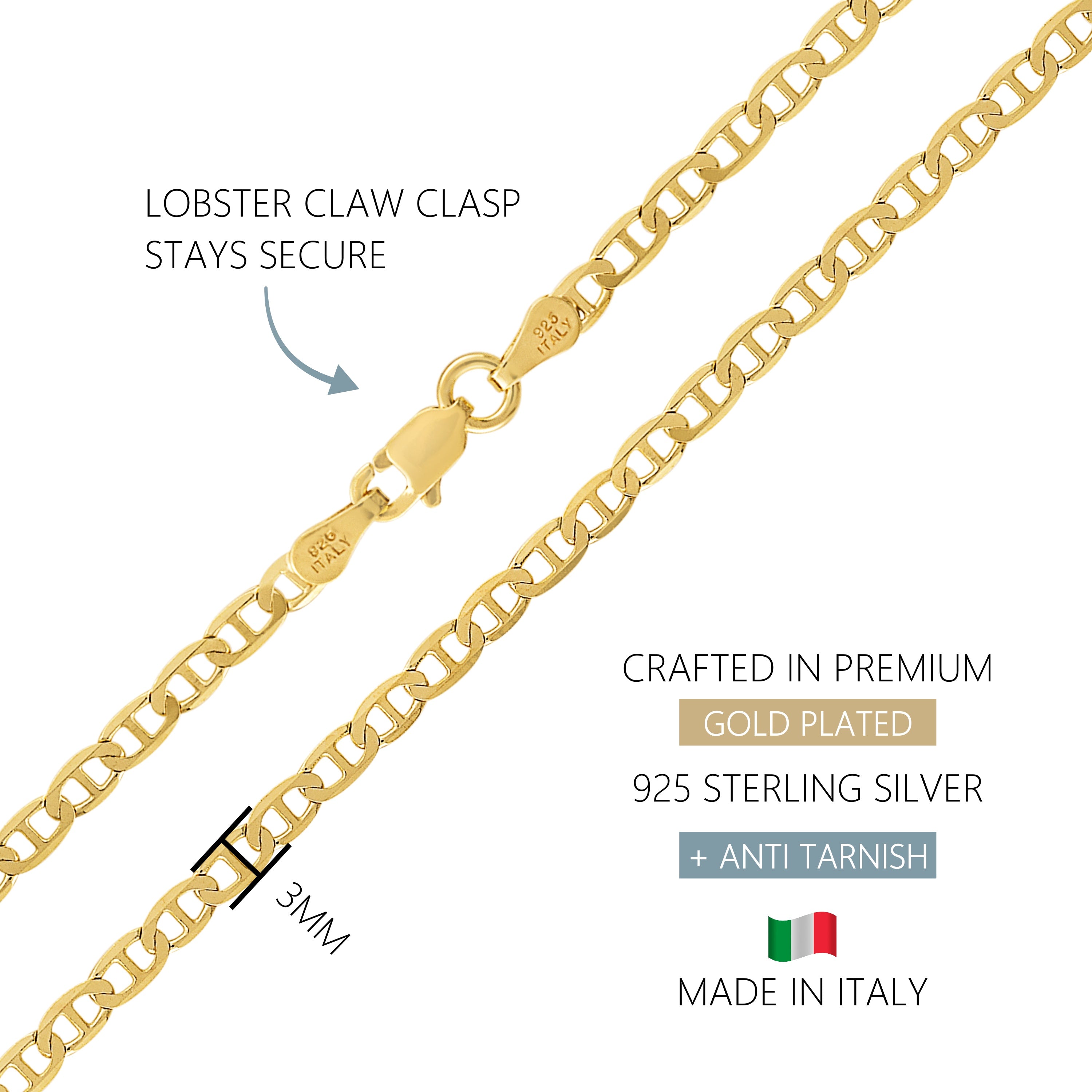 KISPER 18k Gold 925 Sterling Silver Italian 3mm Mariner Chain Necklace