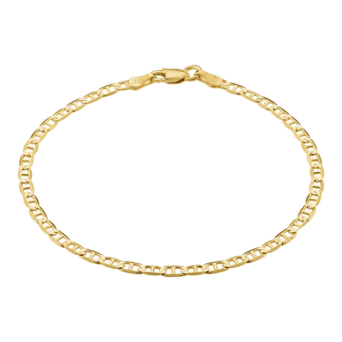 KISPER 18k Gold over 925 Sterling Silver Italian 3mm Mariner Chain Bracelet w/ Lobster Clasp