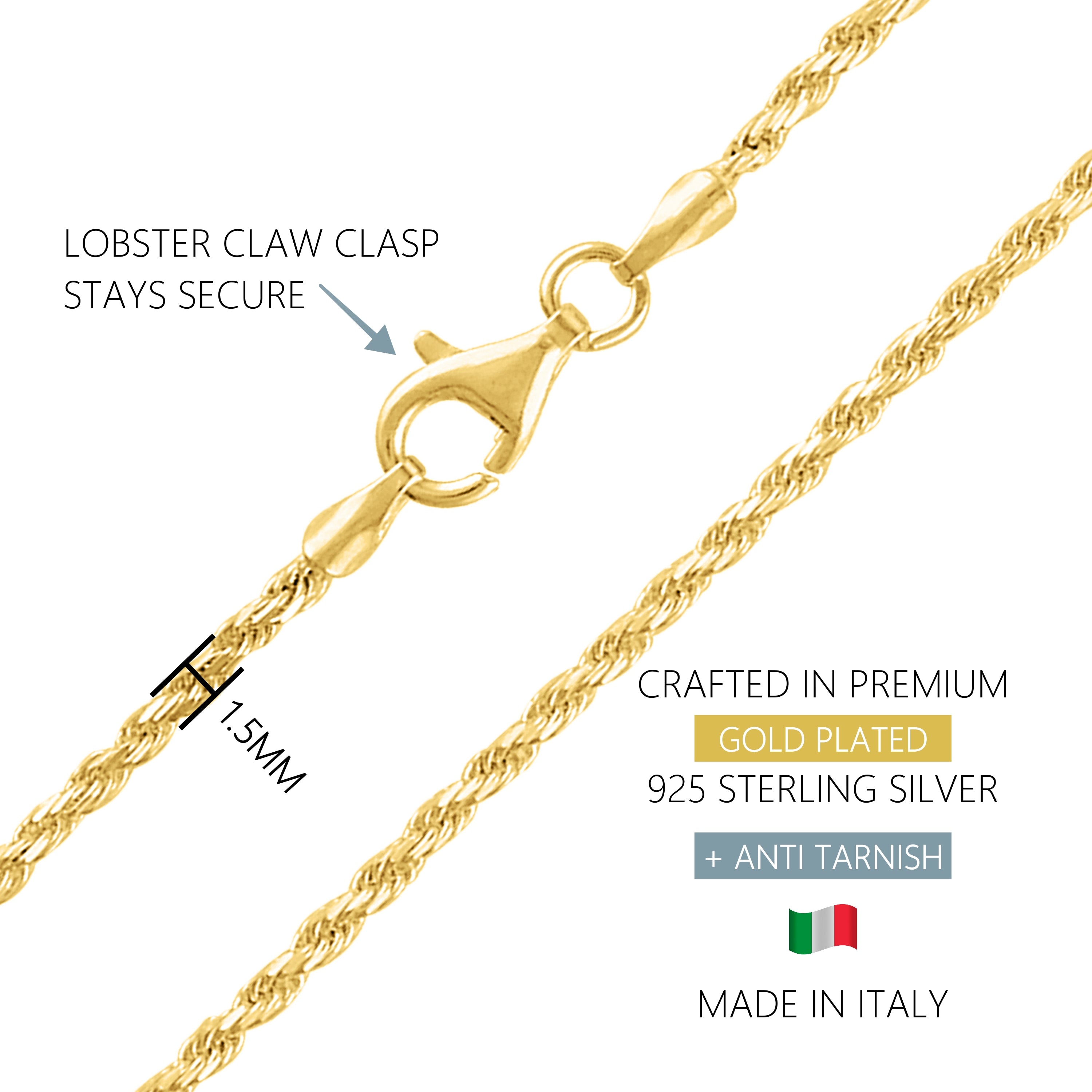 Italian Silver 925 Diamond Cut Rope Chain – 1.5mm Wide, 18 Inch Length – Unbranded Sterling Silver Necklace