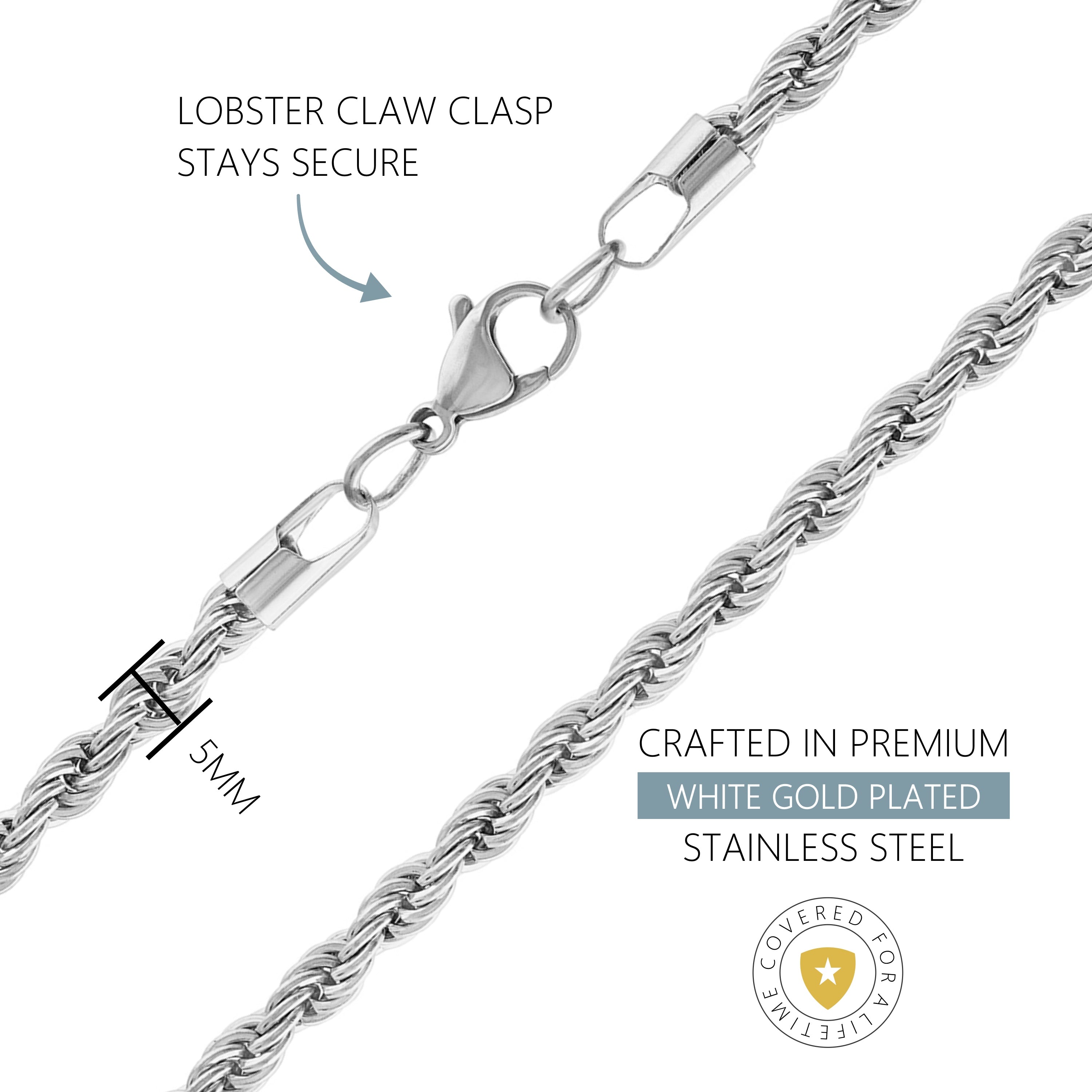 18K White Gold Plated Rope Chain Necklace 5mm KISPER