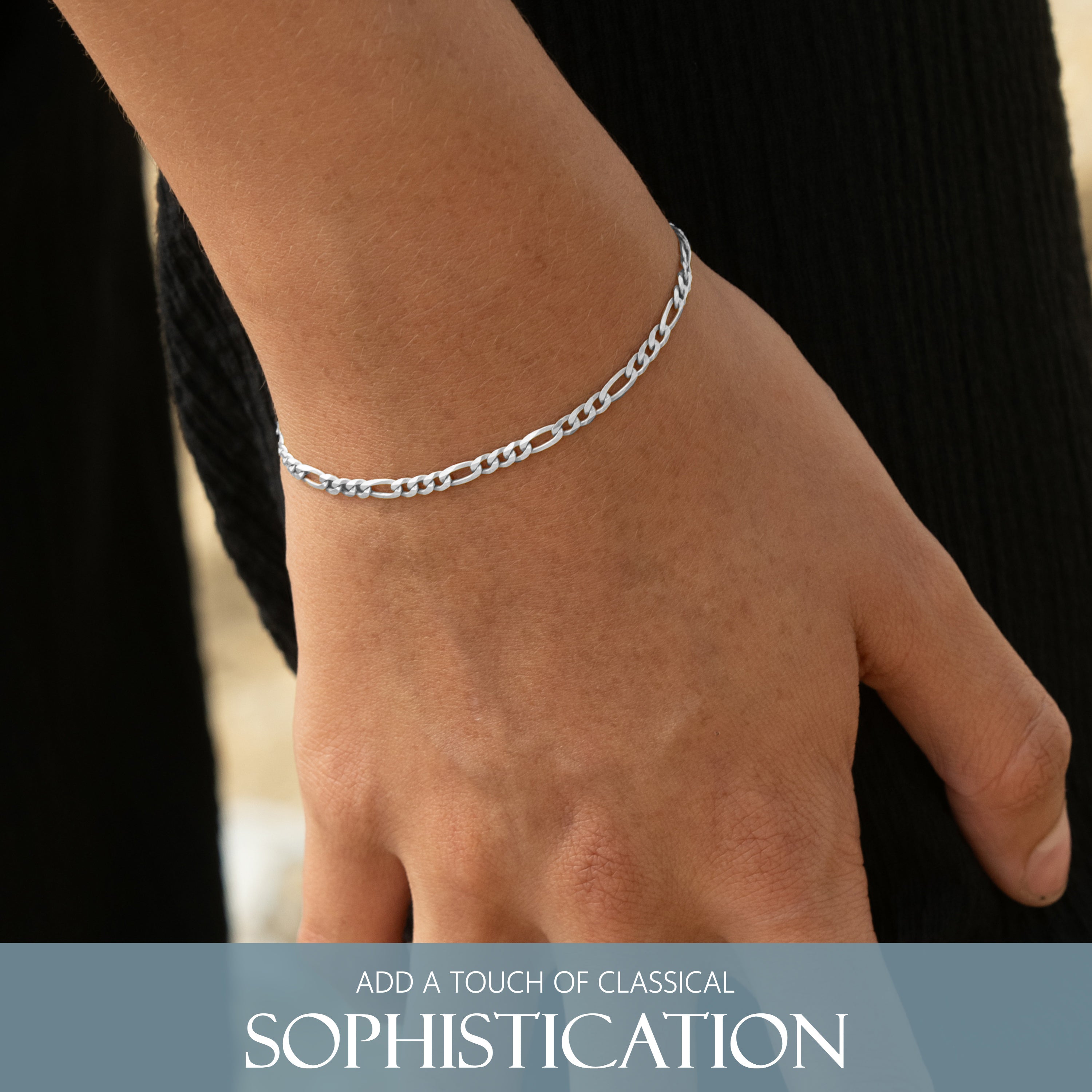 KISPER 925 Sterling Silver Italian 3mm Figaro Chain Bracelet w Lobste