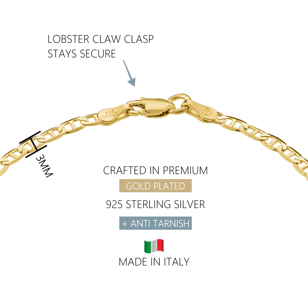 KISPER 18k Gold over 925 Sterling Silver Italian 3mm Mariner Chain Bracelet w/ Lobster Clasp