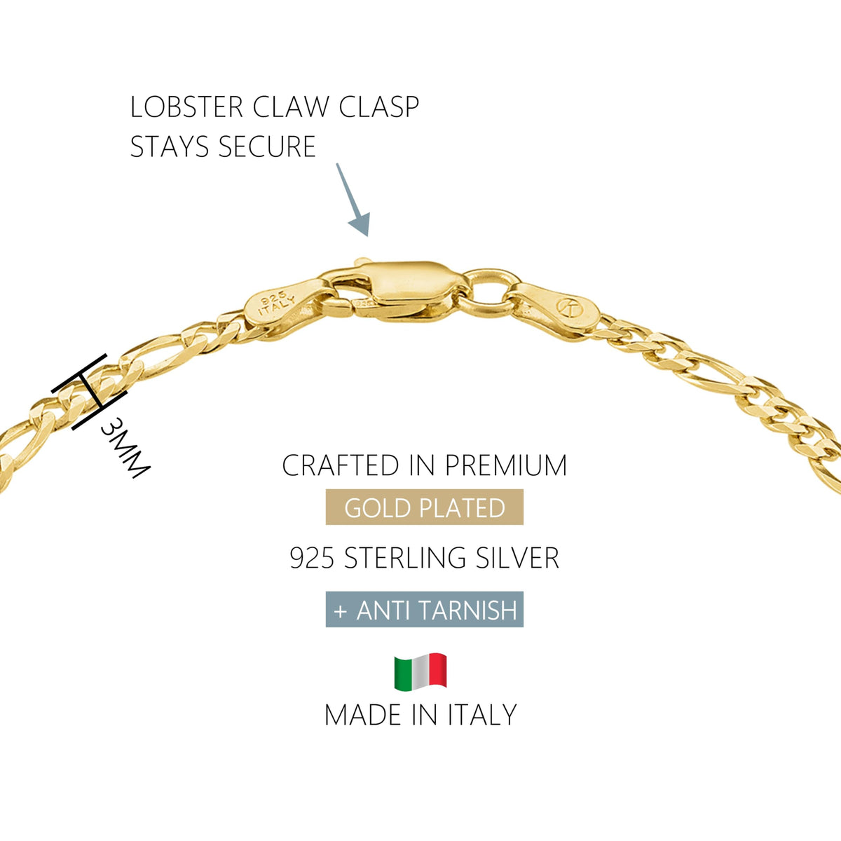 18K Gold Plated 925 Sterling Silver Chain Bracelet for Women – Curb, Figaro, Mariner & Rope Styles