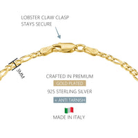 18K Gold Plated 925 Sterling Silver Chain Bracelet for Women – Curb, Figaro, Mariner & Rope Styles