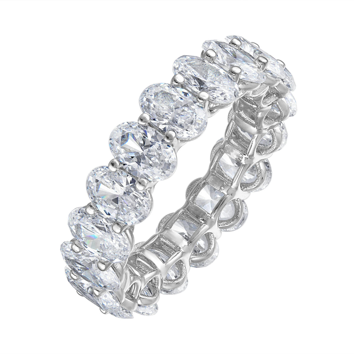 CZ Eternity Band Ring in 14K White Gold Plating – Round, Oval & Emerald Cut