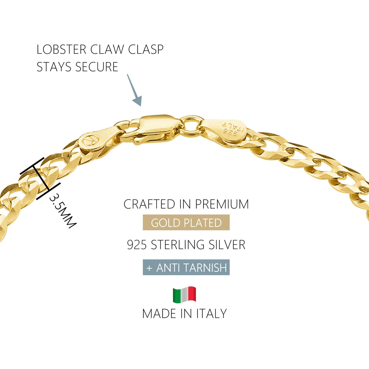 18K Gold Plated 925 Sterling Silver Chain Bracelet for Women – Curb, Figaro, Mariner & Rope Styles