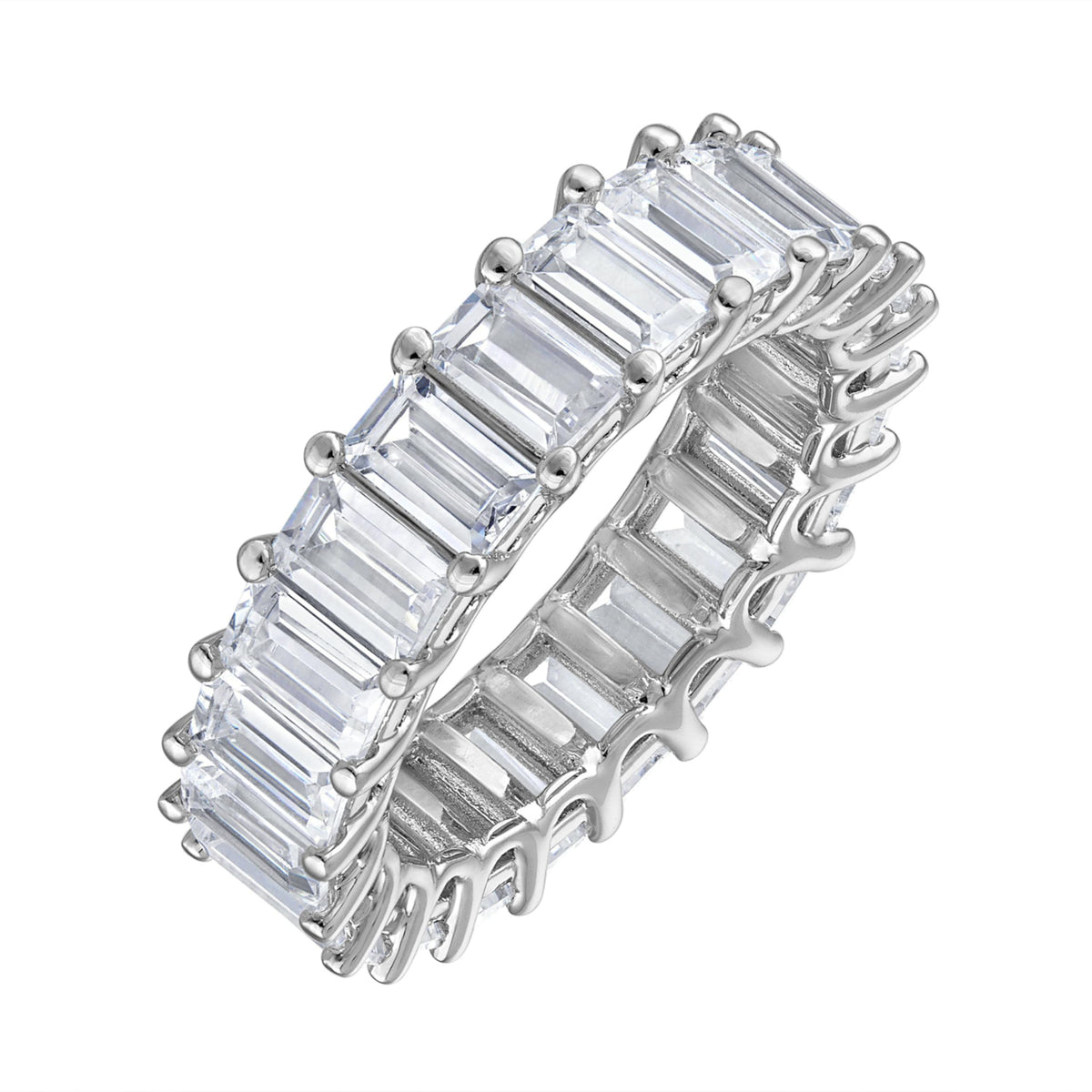 CZ Eternity Band Ring in 14K White Gold Plating – Round, Oval & Emerald Cut