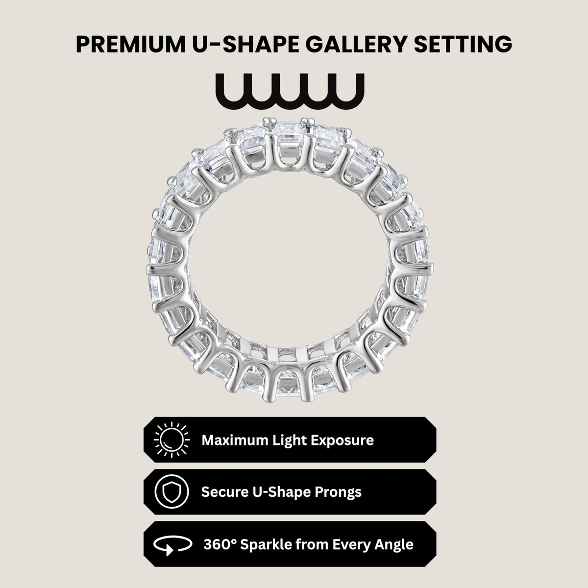 CZ Eternity Band Ring in 14K White Gold Plating – Round, Oval & Emerald Cut