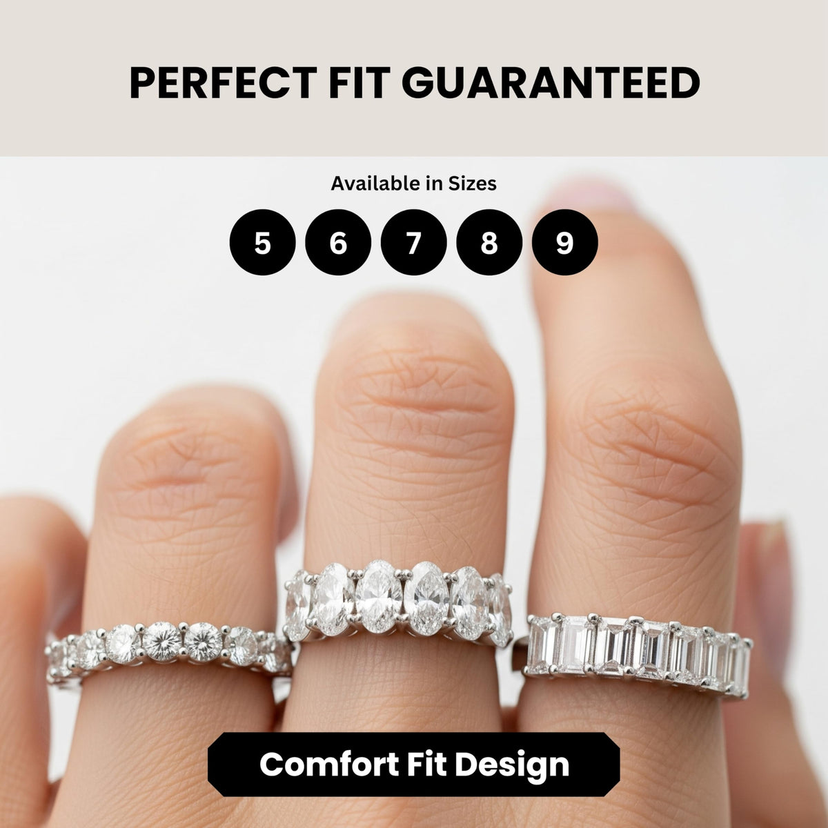 CZ Eternity Band Ring in 14K White Gold Plating – Round, Oval & Emerald Cut