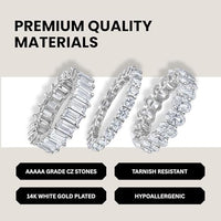 CZ Eternity Band Ring in 14K White Gold Plating – Round, Oval & Emerald Cut