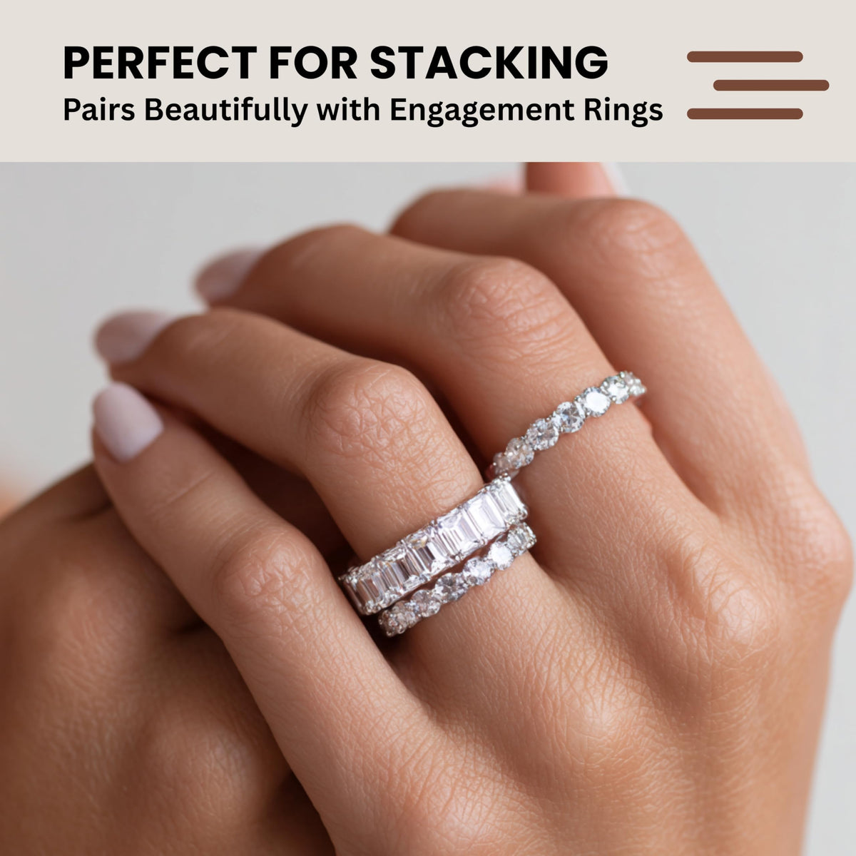 CZ Eternity Band Ring in 14K White Gold Plating – Round, Oval & Emerald Cut
