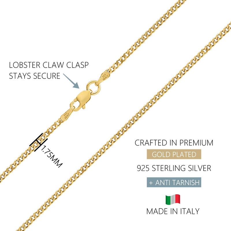 KISPER 925 Sterling Silver Italian Gold Cuban Chain Necklace w/ Lobster Clasp