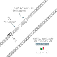 KISPER 925 Sterling Silver 3.5mm Flat Cuban Chain Necklace w/ Lobster Clasp