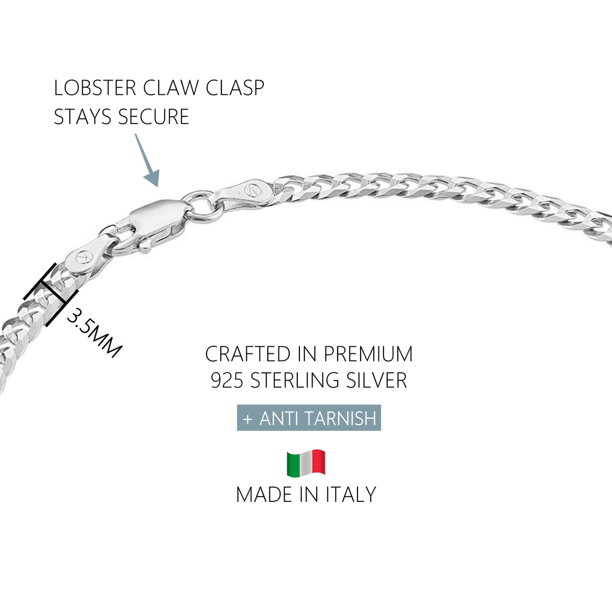 KISPER 925 Sterling Silver Italian 3.5mm Diamond-Cut Curb Chain Anklet Bracelet