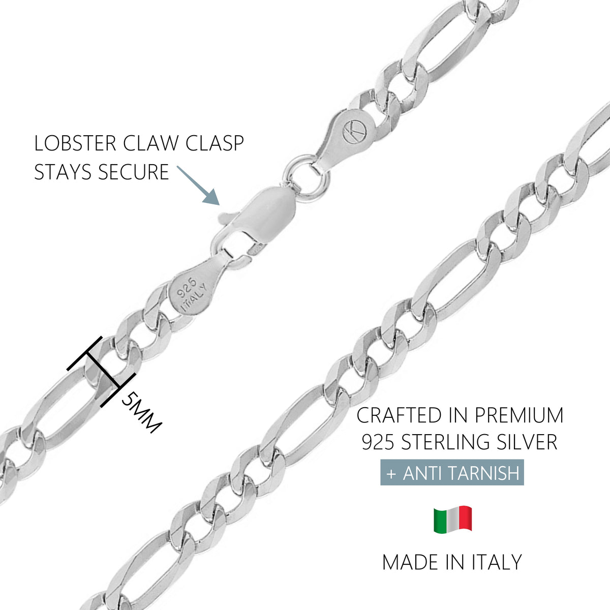 KISPER 925 Sterling Silver Italian 5mm Figaro Chain Necklace w/ Lobster Clasp