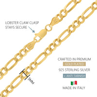 KISPER 925 Sterling Silver Italian 5mm Figaro Chain Necklace w/ Lobster Clasp