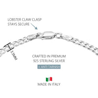 KISPER 925 Sterling Silver Italian 3.5mm Diamond-Cut Cuban Link Chain Bracelet